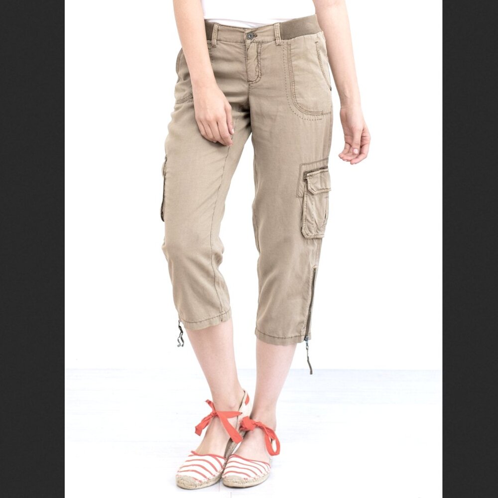 Anthropologie Marrakech Julia Tencel Linen Cargo‎ Capri Pants in Tan Sz 27 NWOT